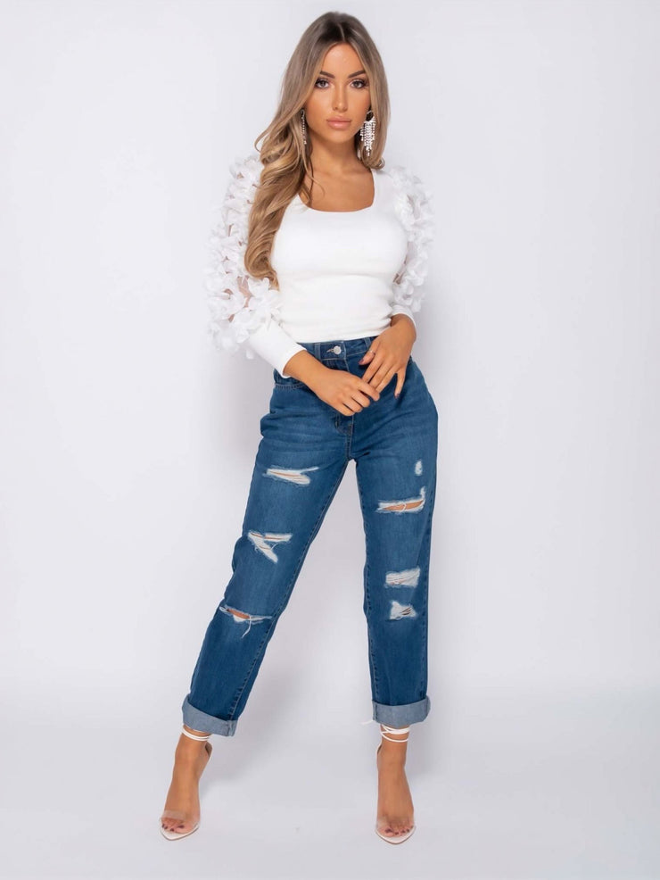 Gia White Sheer Frill Sleeve Scoop Neck Cropped Rib Knit Top