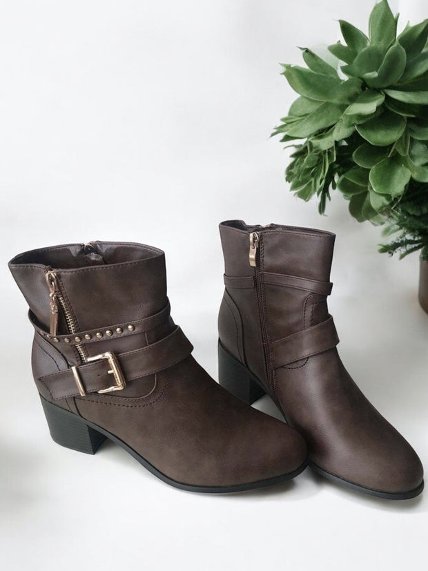 Zoe Brown Faux Leather Buckle Detail Ankle Boots | Kandy’s Clothes