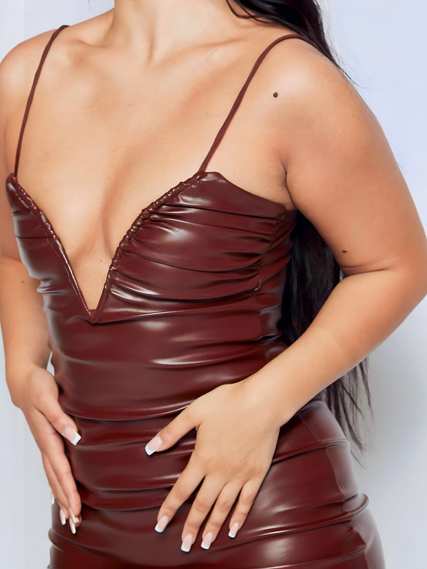 Indy Brown PU Leather V Bar Cami Mini Dress