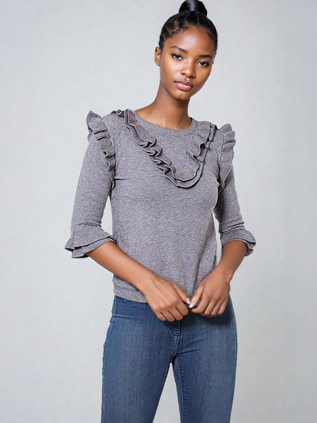 Ebony Grey Knit Frill Trim Jumper | Tops | Knitwear | Kandy's Clothes