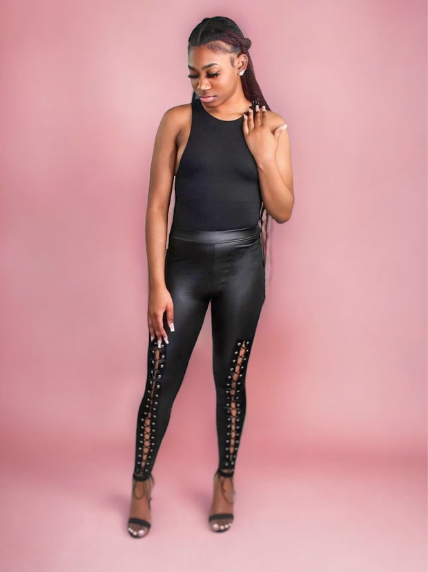 Farrah Black Lace Up Wet Look Leggings