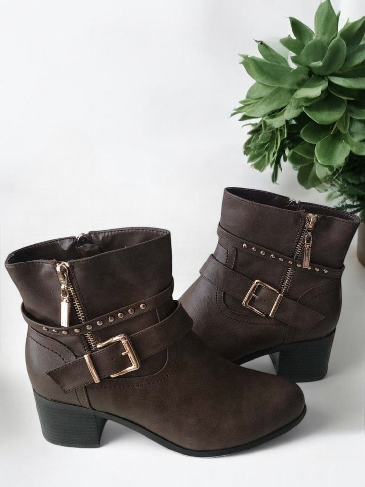 Zoe Brown Faux Leather Buckle Detail Ankle Boots | Kandy’s Clothes