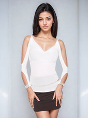 Della White Sparkle Glitter Cut Out Top