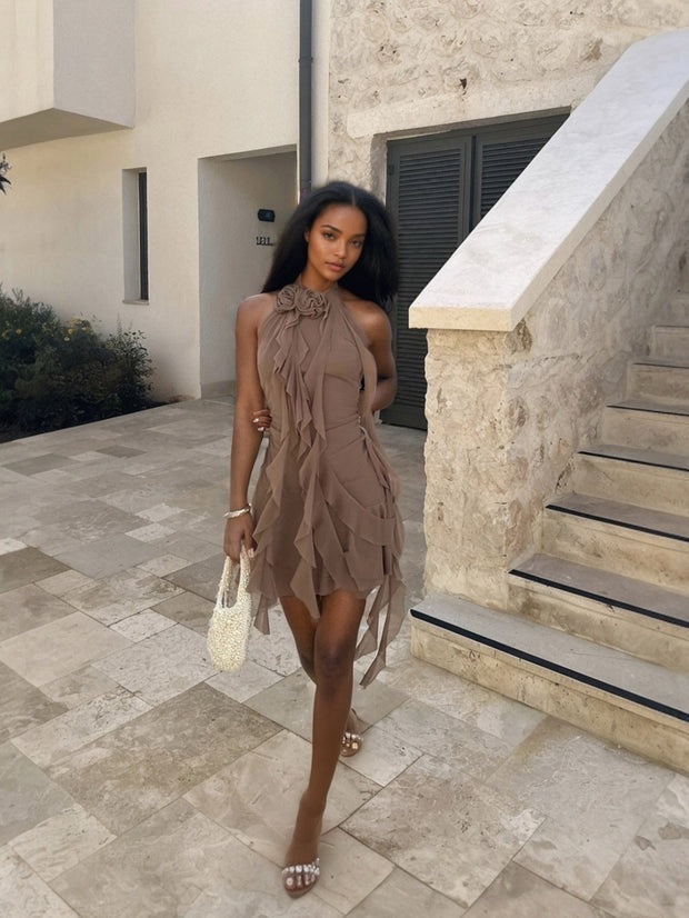 Porsche Blush Taupe Tulle Ruffle Mini Dress