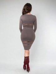 Rhianna Deep Taupe Mesh Insert Fine Knit High Waist Skirt