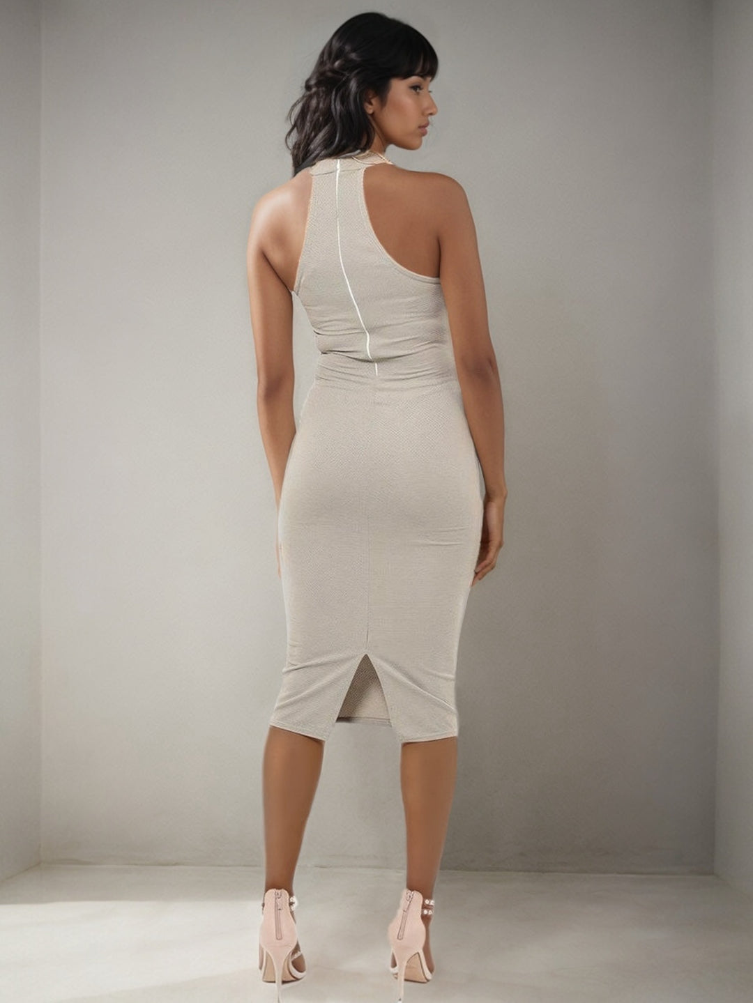 Alyssa Beige Green Halterneck Bodycon Dress | Kandy's Clothes Alyssa Beige Green Halterneck Bodycon Dress | Kandy's Clothes