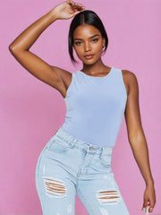 Sleeveless racer neck powder blue bodysuit for women