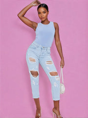 Women's slinky powder blue racer neck sleeveless bodysuit
