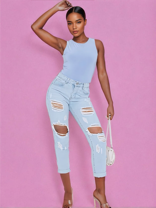 Women's slinky powder blue racer neck sleeveless bodysuit