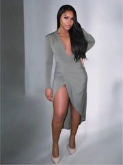 Gianne Khaki Grey Split Front Plunge Long Sleeve bodycon Midi Dress