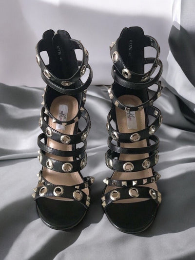 Cheyenne Black Cut Out Studded Strap heeled Sandals