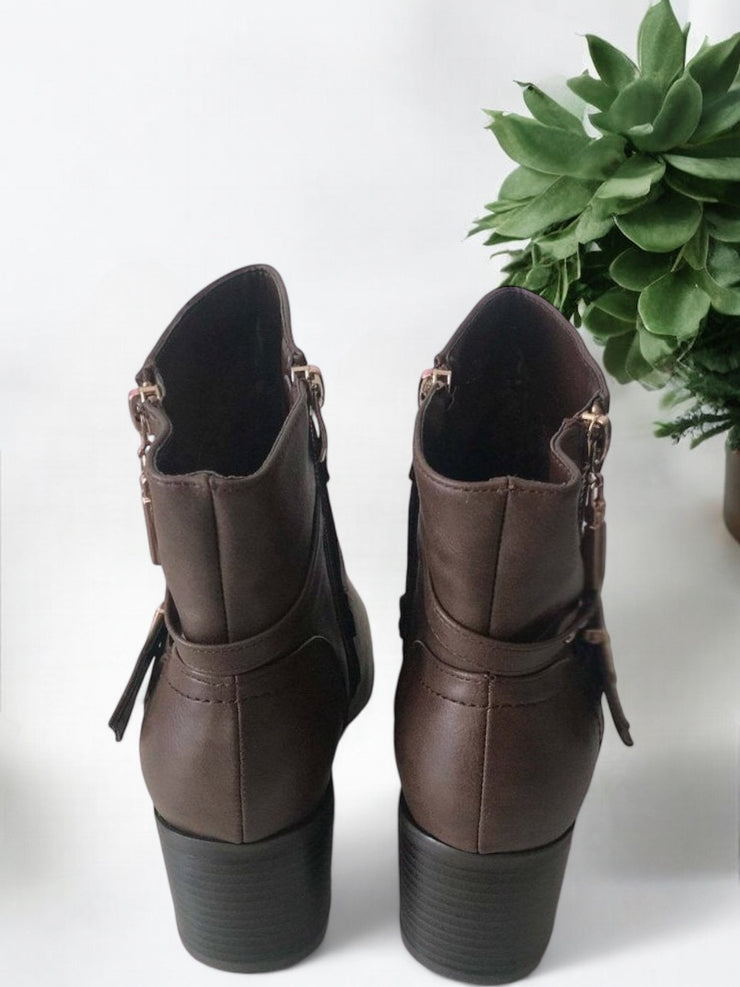 Zoe Brown Faux Leather Buckle Detail Ankle Boots | Kandy’s Clothes