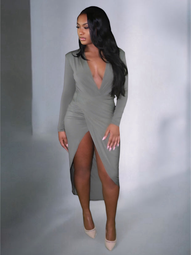 Gianne Khaki Grey Split Front Plunge Long Sleeve bodycon Midi Dress