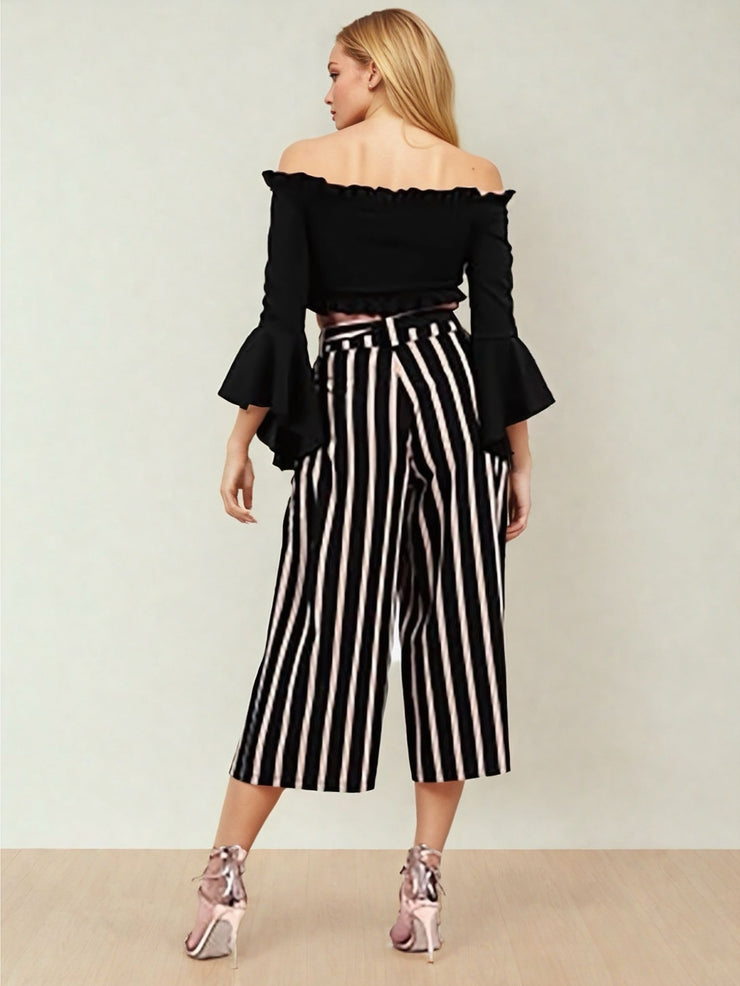 Dakota Stone Wide Leg Striped High Wasted Cropped Trousers