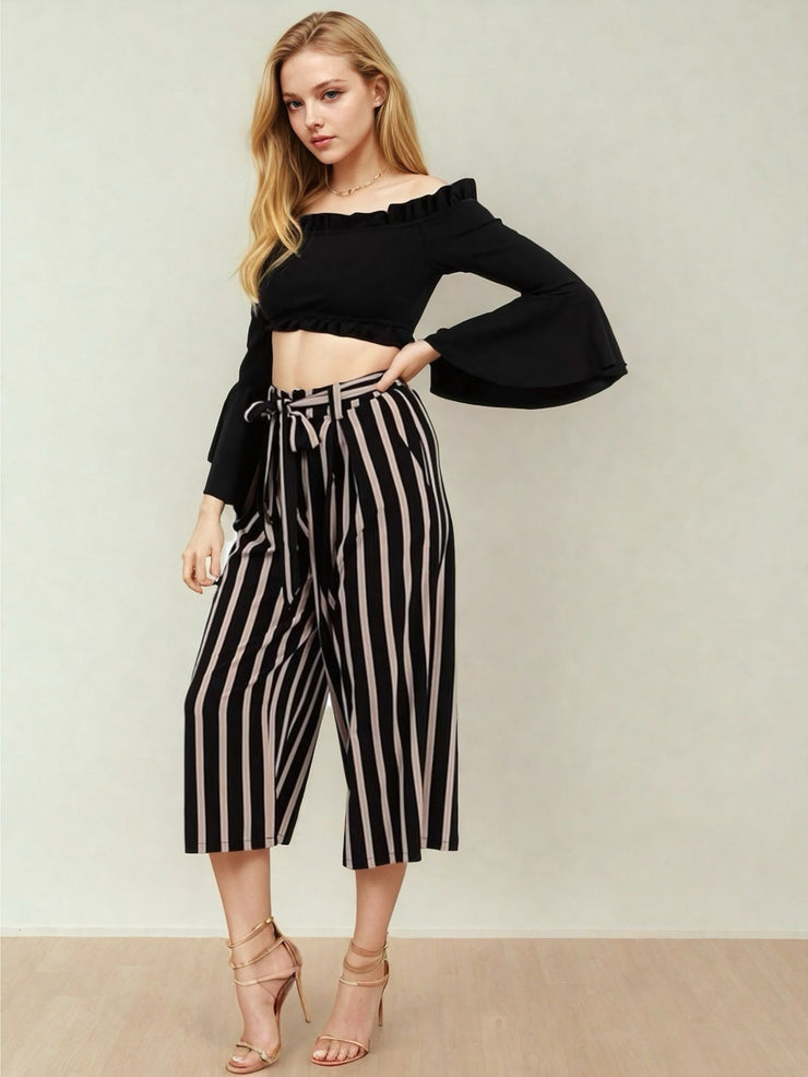 Dakota Stone Wide Leg Striped High Wasted Cropped Trousers