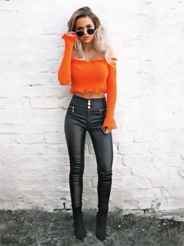 Tasha Orange Ruffle Bardot Ribbed Crop Top