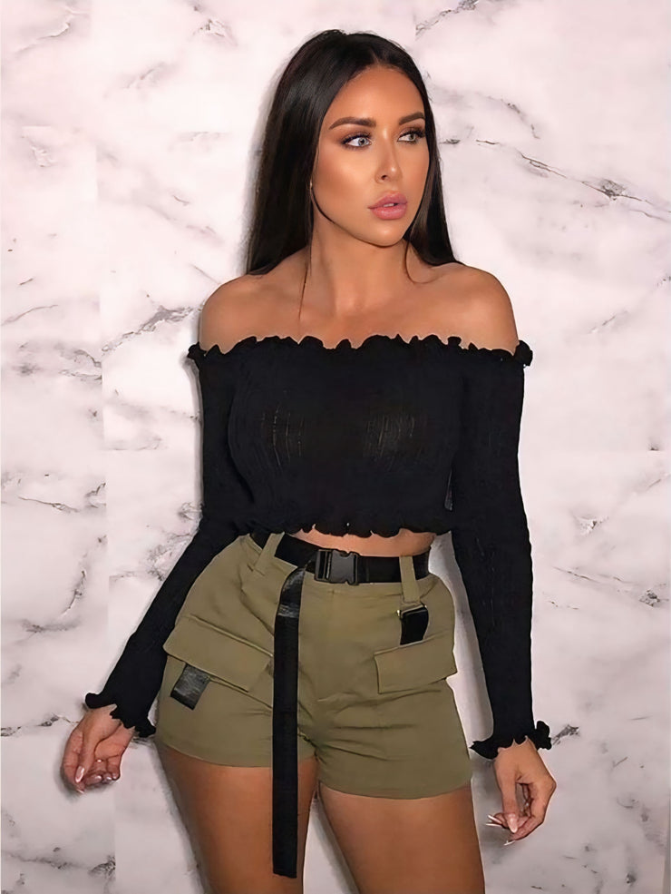 Tasha Orange Ruffle Bardot Ribbed Crop Top