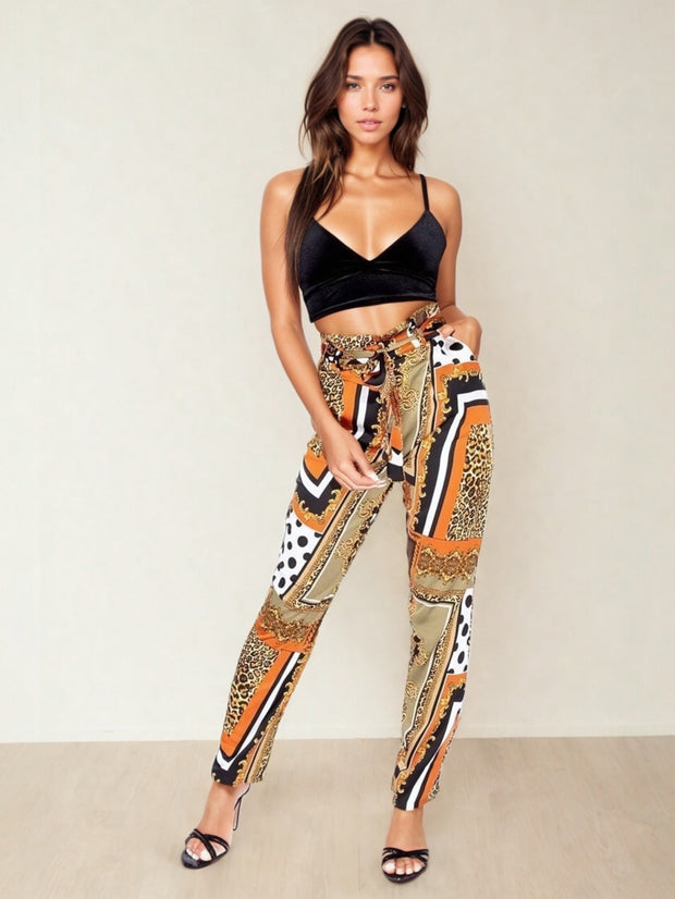 Skylar Black Abstract Scarf Print Paper Bag Waist Trousers