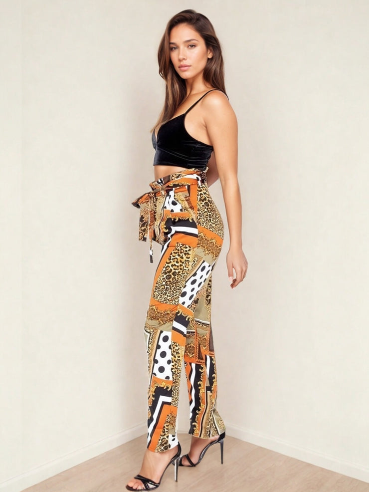 Skylar Black Abstract Scarf Print Paper Bag Waist Trousers