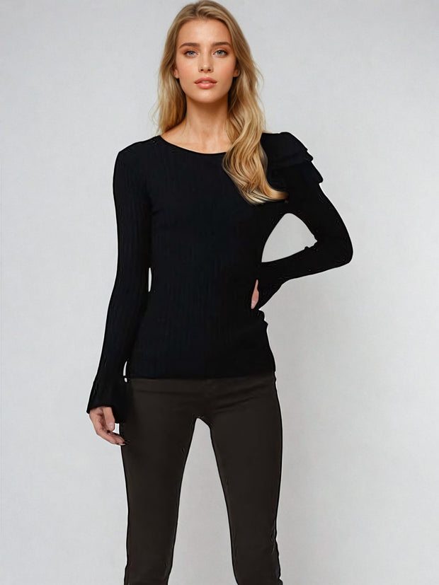 Kodi Black Frill One Shoulder Cut Out Detail Ribbed Jumper | Kandy's Clothes