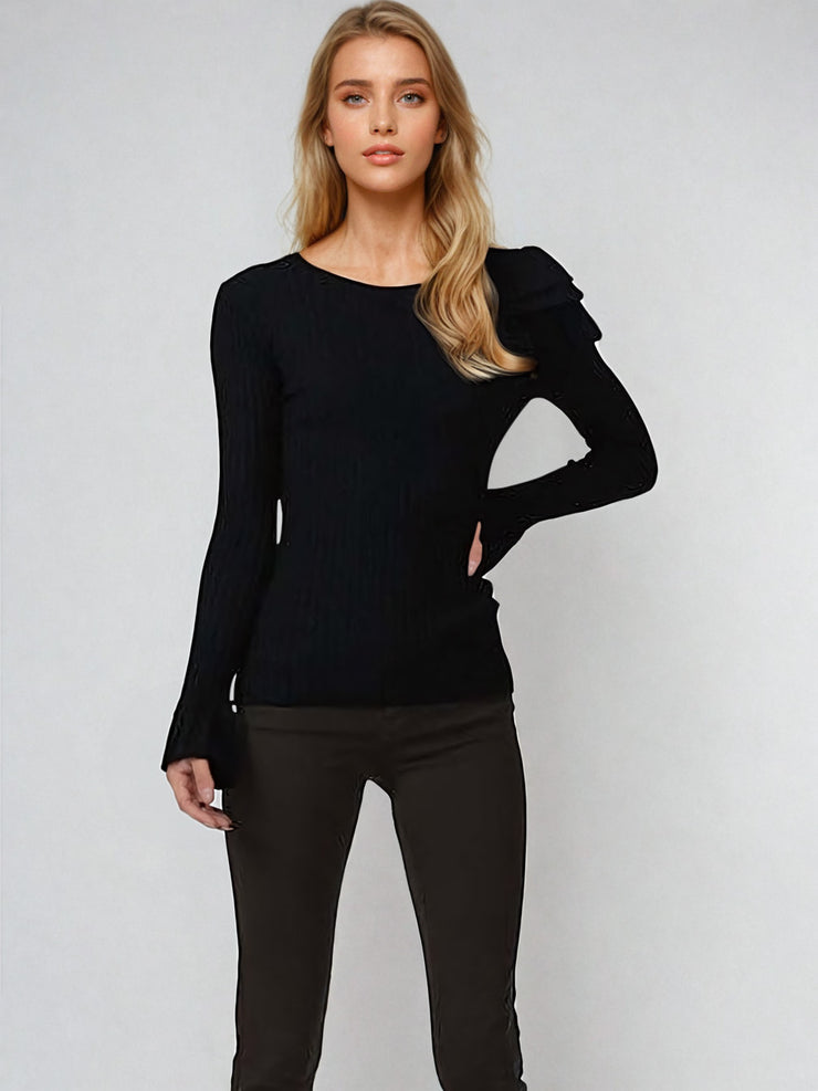 Kodi Black Frill One Shoulder Cut Out Detail Ribbed Jumper | Kandy's Clothes