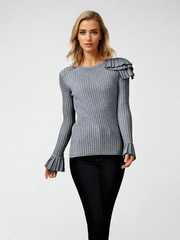 Kodi Grey Frill One Shoulder Cut Out Detail Ribbed Jumper | Kandy's Clothes