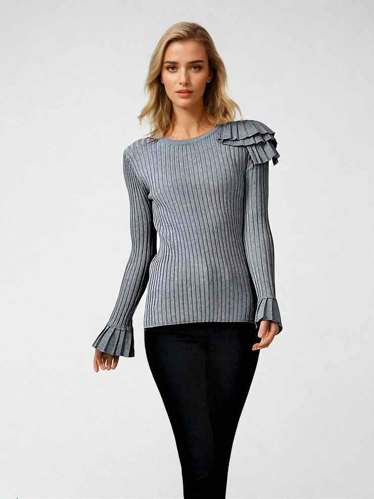 Kodi Grey Frill One Shoulder Cut Out Detail Ribbed Jumper | Kandy's Clothes