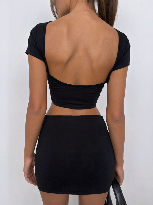 Lia Black Basic Low Back Crop Top and Mini Skirt Co-ord | Kandy's Clothes