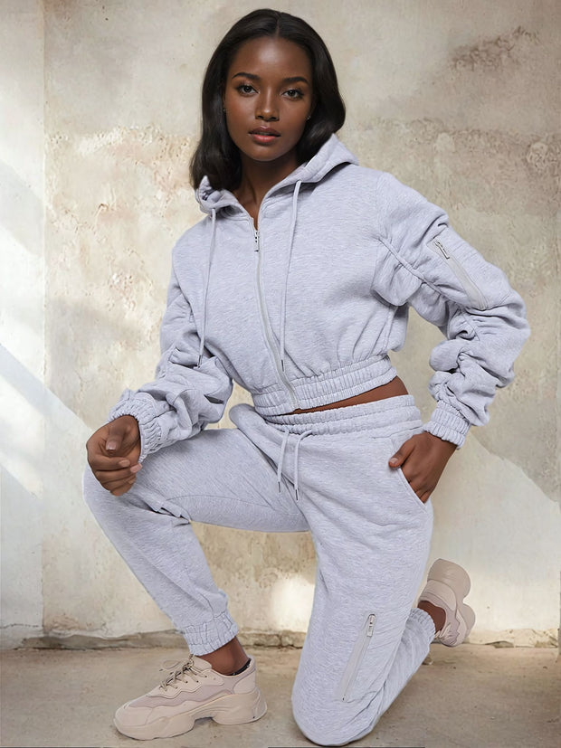 MALIA CROPPED HOODIE HIGH WAISTED CUFFED JOGGER CO ORDS SET - GREY