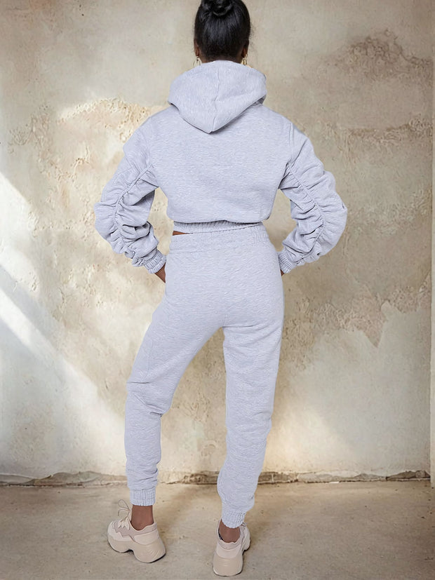 MALIA CROPPED HOODIE HIGH WAISTED CUFFED JOGGER CO ORDS SET - GREY
