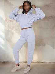 MALIA CROPPED HOODIE HIGH WAISTED CUFFED JOGGER CO ORDS SET - GREY