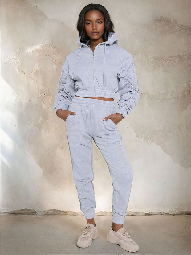 MALIA CROPPED HOODIE HIGH WAISTED CUFFED JOGGER CO ORDS SET - GREY