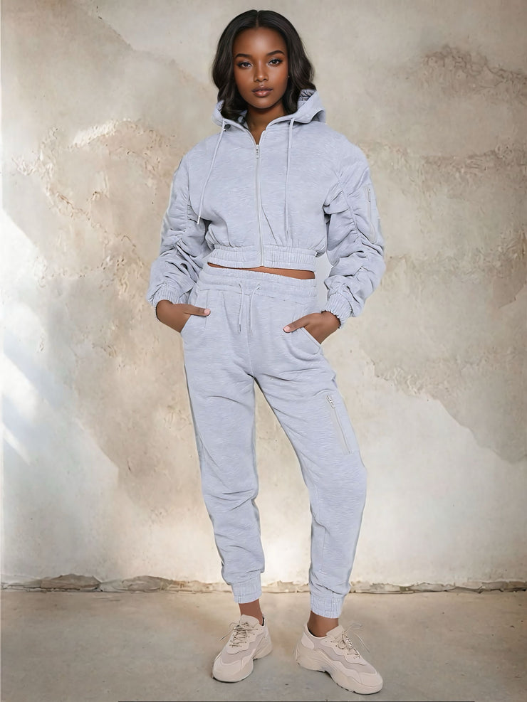 MALIA CROPPED HOODIE HIGH WAISTED CUFFED JOGGER CO ORDS SET - GREY