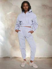 MALIA CROPPED HOODIE HIGH WAISTED CUFFED JOGGER CO ORDS SET - GREY