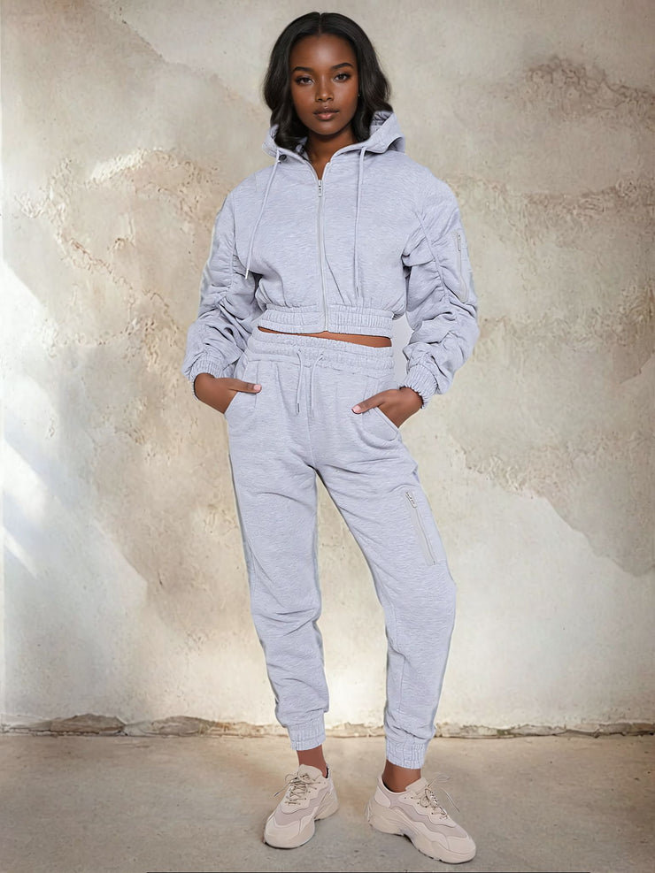 MALIA CROPPED HOODIE HIGH WAISTED CUFFED JOGGER CO ORDS SET - GREY
