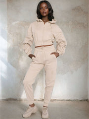 MALIA CROPPED HOODIE HIGH WAISTED CUFFED JOGGER CO ORDS SET - STONE