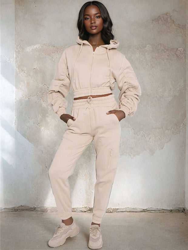 MALIA CROPPED HOODIE HIGH WAISTED CUFFED JOGGER CO ORDS SET - STONE