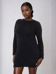 Naima Black Fluffy Knit Mini Jumper Dress | Kandy's Clothes