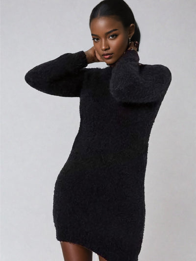 Naima Black Fluffy Knit Mini Jumper Dress | Kandy's Clothes