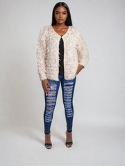 Reese Cream Shaggy Boucle Cardigan | Knitwear | Kandy's Clothes