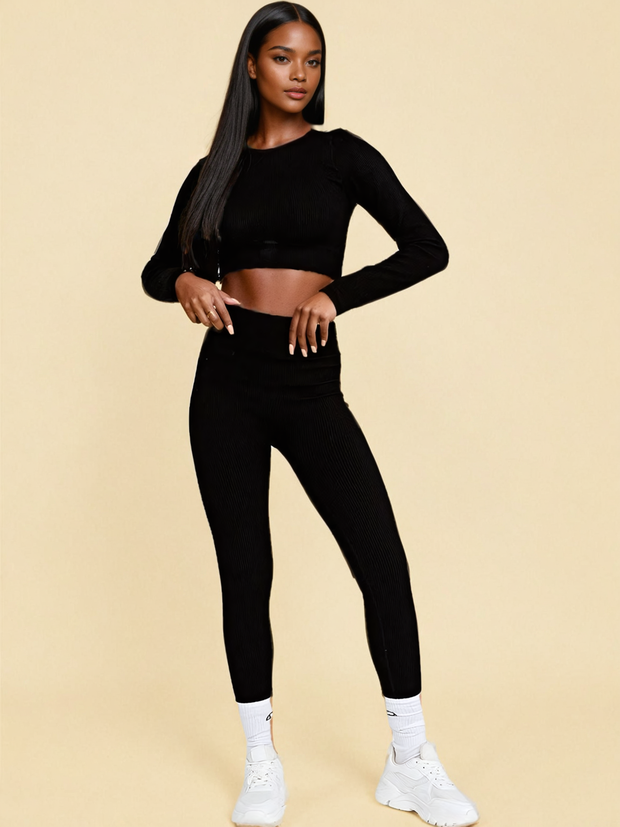 Kayla black Structured Contour Rib Crop Top and Leggings Co Ord  | Kandy's Clothes