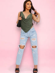 Amari Khaki Green Slinky Cowl Neck Sleeveless Crop Top