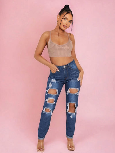 Kelli Stone Knitted Rib Plunge Strappy Crop Top