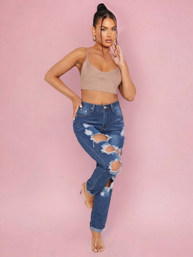 Kelli Stone Knitted Rib Plunge Strappy Crop Top