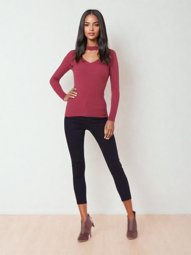 Charley Rust Red Long Sleeve Ribbed Choker Top | Kandy's Clothes