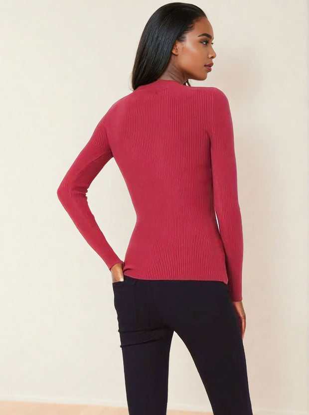 Charley Rust Red Long Sleeve Ribbed Choker Top | Kandy's Clothes