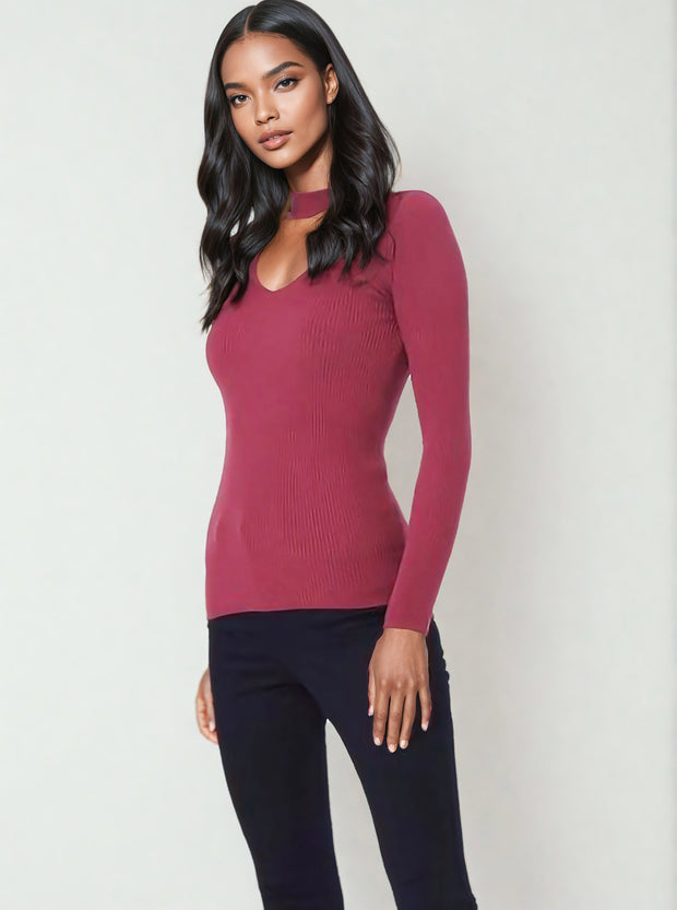 Charley Rust Red Long Sleeve Ribbed Choker Top | Kandy's Clothes