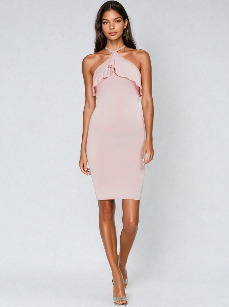 Dani Blush Peach Cross Strap Frill Bodycon Dress | Kandy's Clothes