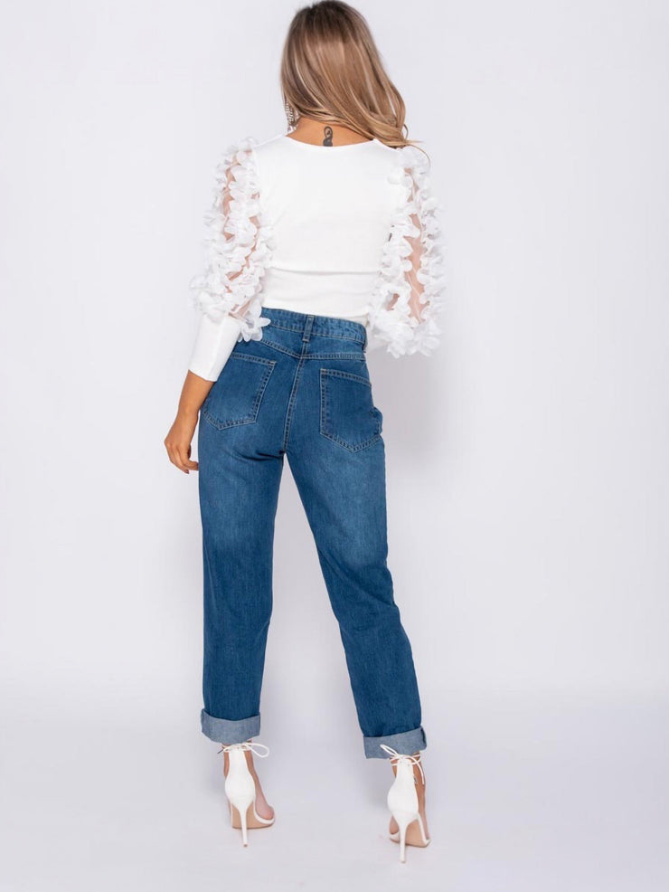 Gia White Sheer Frill Sleeve Scoop Neck Cropped Rib Knit Top