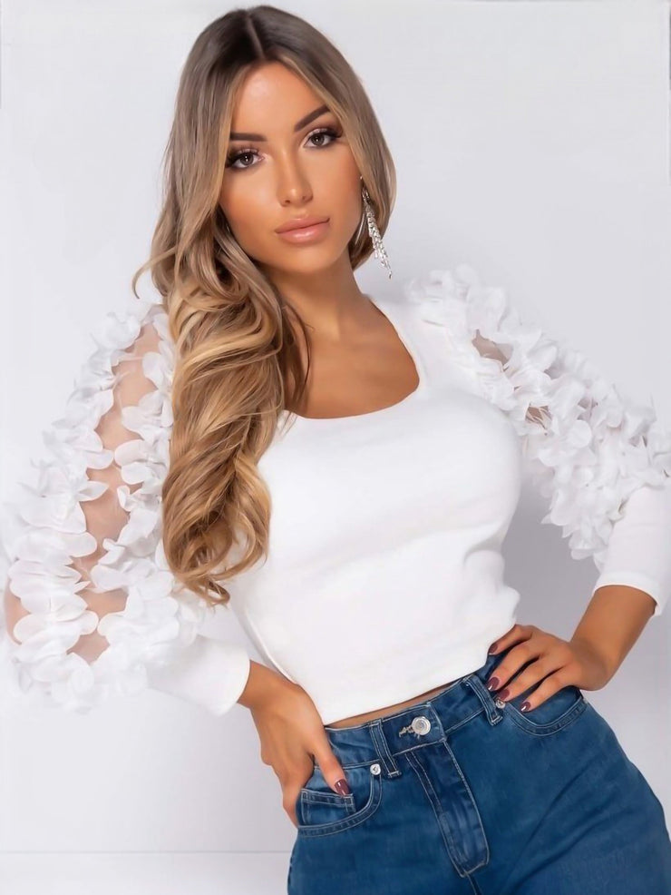 Gia White Sheer Frill Sleeve Scoop Neck Cropped Rib Knit Top